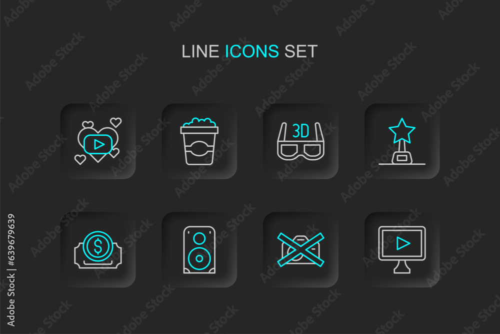 Set line Online play video, Prohibition no recording, Stereo speaker, Cinema ticket, Movie trophy, 3D cinema glasses, Popcorn cardboard box and Romantic movie icon. Vector Set line Online play video, Prohibition no recording, Stereo speaker, Cinema ticket, Movie trophy, 3D cinema glasses, Popcorn cardboard box and Romantic movie icon. Vector