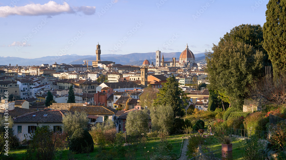 Panoramic view of the old city of Florence from Giardino delle Rose on a sunny evening