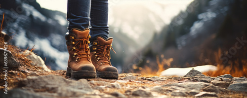 Hiker woman in boots on hight mountains. generative ai