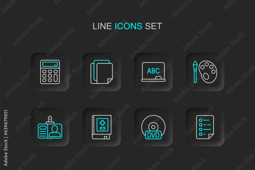 Set line Clipboard with checklist, CD or DVD disk, Book mathematics, Identification badge, Paint brush palette, Chalkboard, File document and Calculator icon. Vector Set line Clipboard with checklist, CD or DVD disk, Book mathematics, Identification badge, Paint brush palette, Chalkboard, File document and Calculator icon. Vector