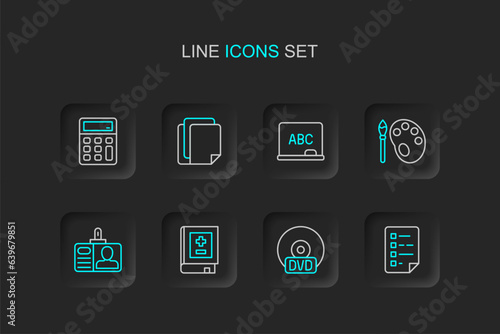 Set line Clipboard with checklist, CD or DVD disk, Book mathematics, Identification badge, Paint brush palette, Chalkboard, File document and Calculator icon. Vector