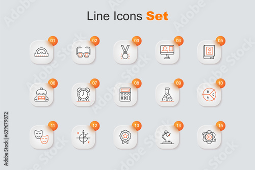 Set line Atom, Table lamp, Medal with star, Trigonometric circle, Comedy and tragedy masks, Pie chart infographic, Test tube and Calculator icon. Vector