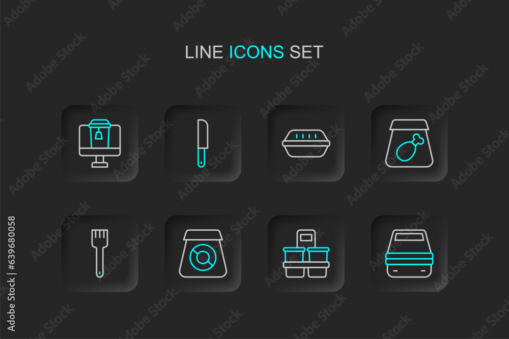 Set line Lunch box, Coffee cup to go, Online ordering food, Fork, meal, Knife and icon. Vector Set line Lunch box, Coffee cup to go, Online ordering food, Fork, meal, Knife and icon. Vector