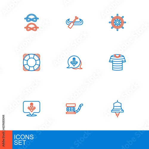 Set line Ship bell, Marine bollard with rope, Anchor, Striped sailor t-shirt, Lifebuoy, steering wheel and Kayak and paddle icon. Vector