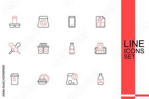 Set line Bottle of water, Online ordering food, Round the clock delivery, Cup tea, Food on mobile, Sauce bottle, Coffee cup to go and Meatballs wooden stick icon. Vector