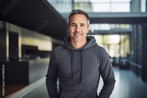Portrait of a handsome middle-aged man in sportswear smiling at the camera while standing in a gym