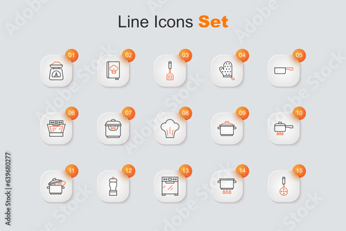 Set line Spatula, Cooking pot on fire, Oven, Pepper, and Chef hat icon. Vector