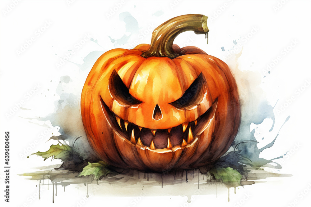 Whimsical Jack-o'-Lantern Grinning Widely, Halloween, symbols, white background, watercolor style Whimsical Jack-o'-Lantern Grinning Widely, Halloween, symbols, white background, watercolor style