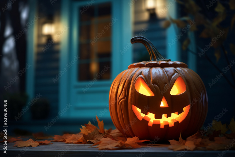 Fototapeta premium Glowing Jack-o'-Lantern on a Porch, Halloween, symbols