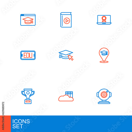 Set line Web camera, Cloud or online library, Award cup, Online education, Graduation cap with cursor, diploma and Audio book icon. Vector