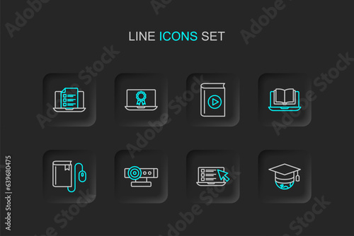 Set line Graduation cap on globe, Online quiz, test, survey, Web camera, Electronic book with mouse, class, Audio, education diploma and icon. Vector