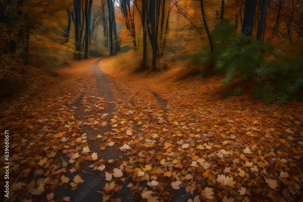 autumn in the forest,autumn forest in the morning,track in autumn, leafs on track in spring ,leaves on walk track	