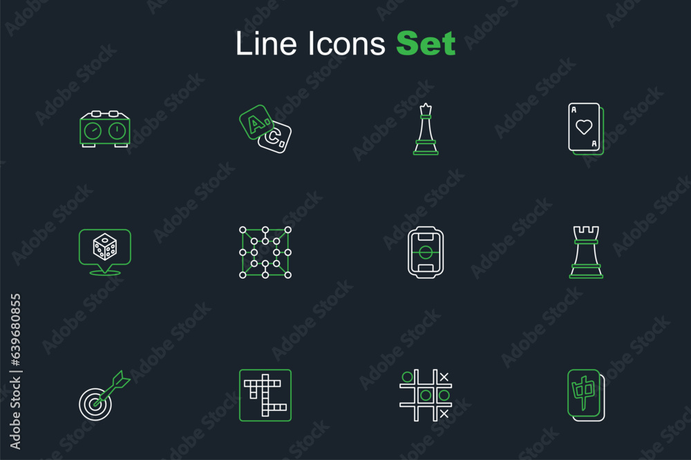 Set line Mahjong pieces, Tic tac toe game, Crossword, Classic dart board and arrow, Chess, Table football, Board and Game dice icon. Vector Set line Mahjong pieces, Tic tac toe game, Crossword, Classic dart board and arrow, Chess, Table football, Board and Game dice icon. Vector