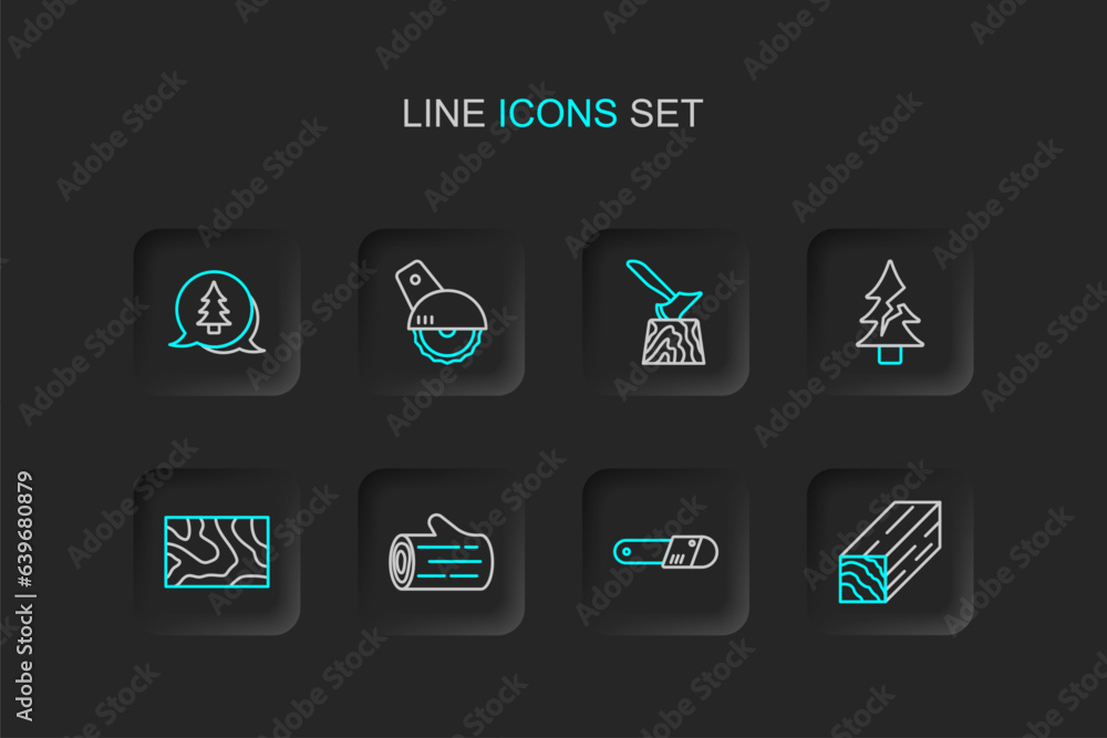 Set line Wooden beam, Chainsaw, log, Tree, axe stump, Electric circular and icon. Vector