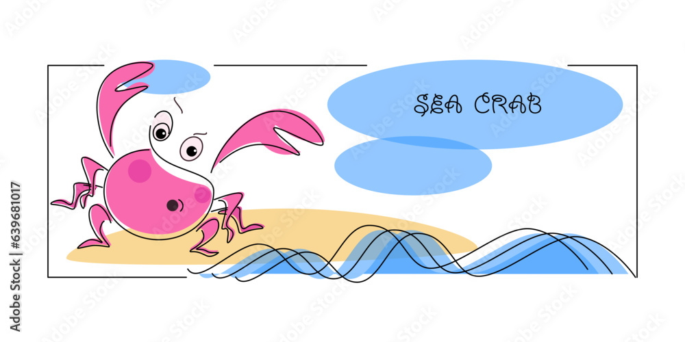 Surprised pink crab, cartoon ocean shore, sea. Vector poster. Summer holidays, sea adventures. 