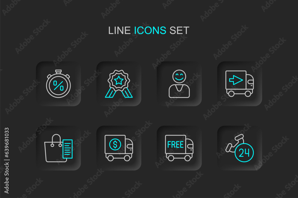 Set line Telephone 24 hours support, Free delivery service, Armored truck, Shopping list, Delivery cargo, Happy customer, Stars rating and Stopwatch percent discount icon. Vector Set line Telephone 24 hours support, Free delivery service, Armored truck, Shopping list, Delivery cargo, Happy customer, Stars rating and Stopwatch percent discount icon. Vector