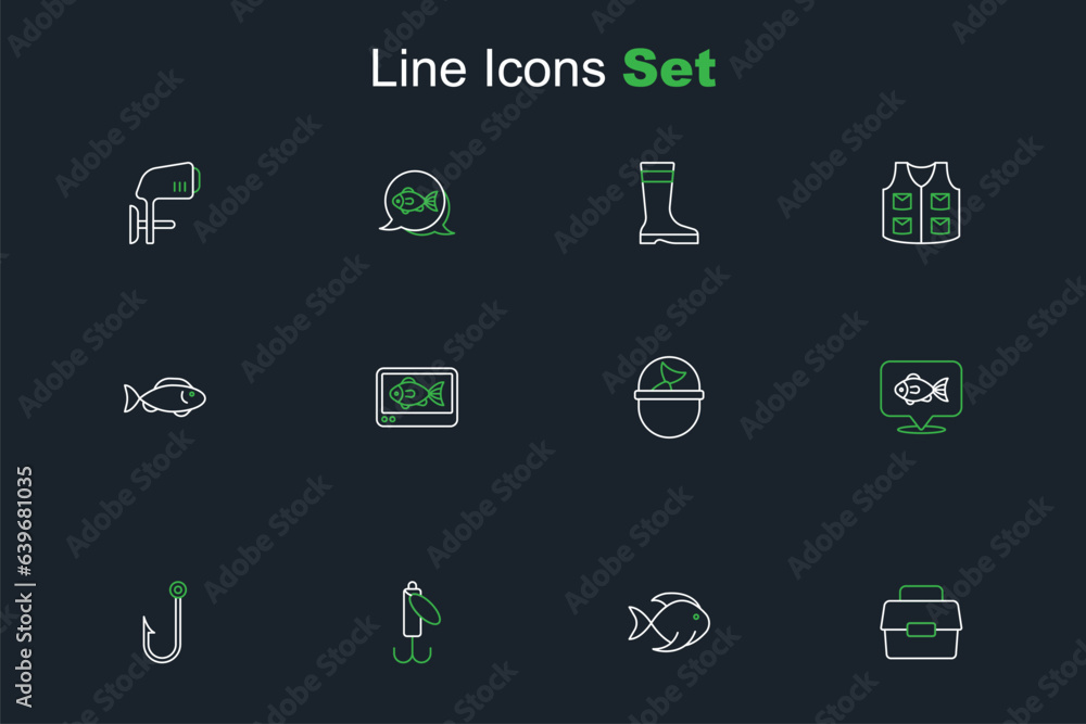 Set line Case or box for fishing, Fishing bucket with, lure, Fisherman, Location, finder echo sounder and icon. Vector Set line Case or box for fishing, Fishing bucket with, lure, Fisherman, Location, finder echo sounder and icon. Vector