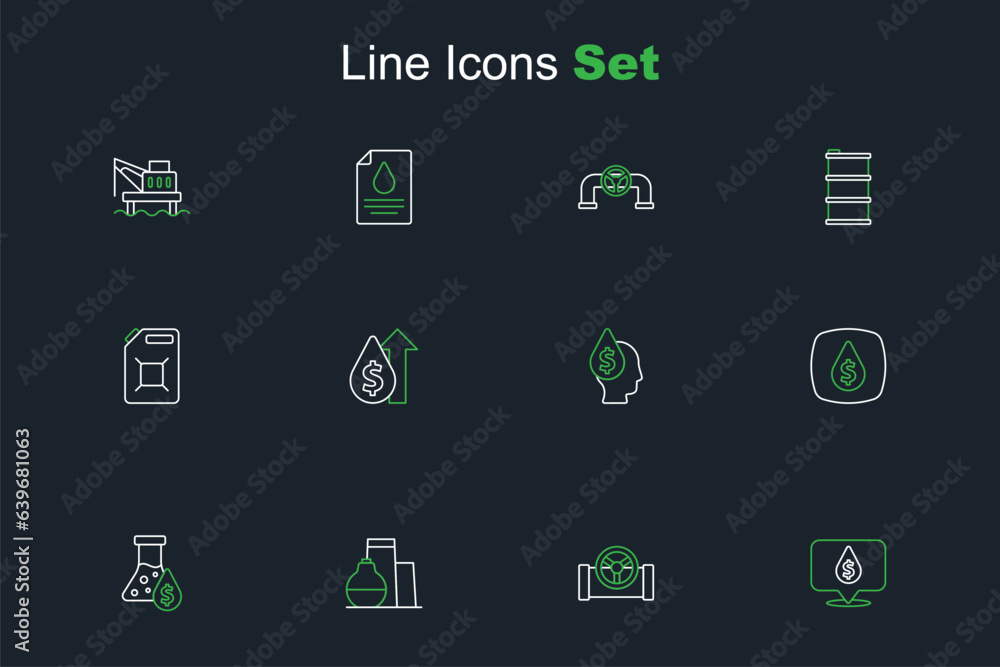 Set line Oil drop with dollar symbol, pipe valve, tank storage, petrol test tube, price increase and Canister for gasoline icon. Vector Set line Oil drop with dollar symbol, pipe valve, tank storage, petrol test tube, price increase and Canister for gasoline icon. Vector