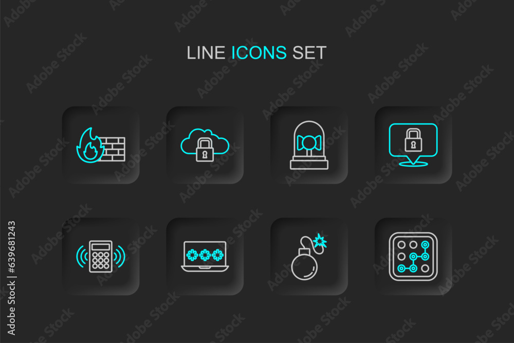 Set line Graphic password protection, Bomb, Laptop with, Security keypad access panel, Lock, Ringing alarm bell, Cloud computing lock and Firewall, security wall icon. Vector Set line Graphic password protection, Bomb, Laptop with, Security keypad access panel, Lock, Ringing alarm bell, Cloud computing lock and Firewall, security wall icon. Vector