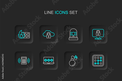 Set line Graphic password protection, Bomb, Laptop with, Security keypad access panel, Lock, Ringing alarm bell, Cloud computing lock and Firewall, security wall icon. Vector