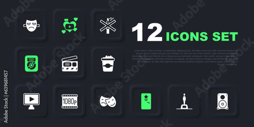 Set Movie trophy, Stereo speaker, clapper, Backstage, CD disk award in frame, Full HD 1080p, Romantic movie and Comedy and tragedy masks icon. Vector