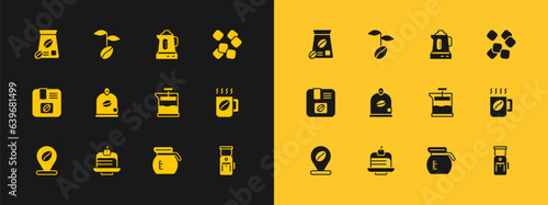 Set Sugar cubes, Piece of cake, French press, Coffee pot, Bag coffee beans, Electric kettle, and icon. Vector