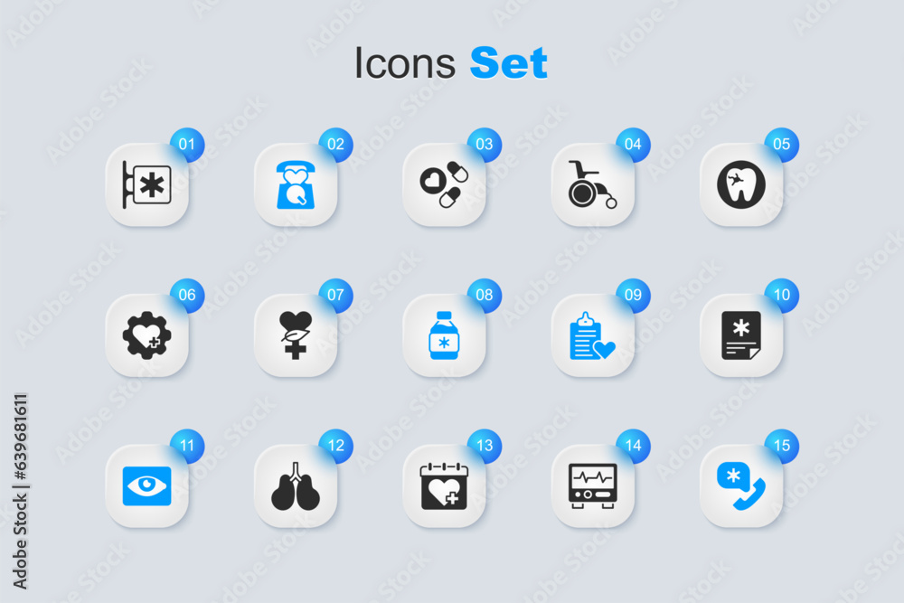 Set Monitor with cardiogram, Ethnoscience, Emergency call 911, Red eye effect, Patient record, - Star of Life and Bottle medicine syrup icon. Vector Set Monitor with cardiogram, Ethnoscience, Emergency call 911, Red eye effect, Patient record, - Star of Life and Bottle medicine syrup icon. Vector