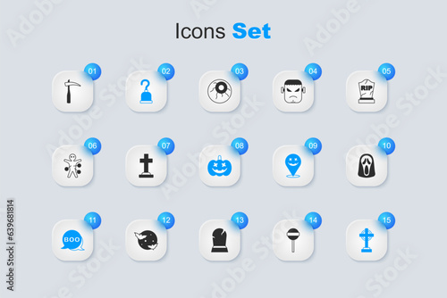 Set Lollipop, Tombstone with cross, Pirate hook, Boo speech bubble, Funny and scary ghost mask, Scythe and Pumpkin icon. Vector