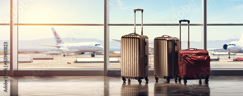Luggage suitcase in airport with airplane. generative ai