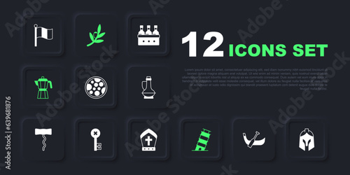 Set Gondola boat, Roman army helmet, Pizza, Leaning tower in Pisa, Coffee maker moca pot, Old key, Olives branch and Pope hat icon. Vector