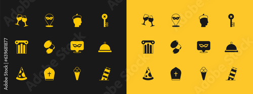 Set Old key, Pope hat, Carnival mask, Ice cream in waffle, Olives, French man, Wine glass and icon. Vector