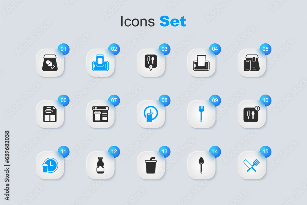 Set Spoon, Online ordering food, Food mobile, Round the clock delivery, Crossed knife and fork, fish and icon. Vector Set Spoon, Online ordering food, Food mobile, Round the clock delivery, Crossed knife and fork, fish and icon. Vector