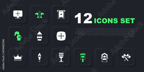 Set Medieval throne, Crossed medieval axes, Castle tower, flag, helmet, Torch flame, Fleur de lys lily flower and goblet icon. Vector