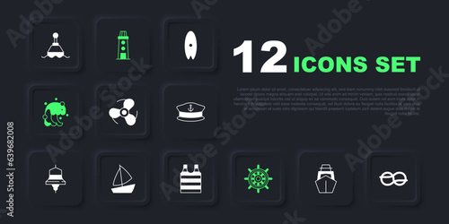 Set Yacht sailboat, Nautical rope knots, Boat propeller, Ship steering wheel, Tsunami, Lighthouse and Striped sailor t-shirt icon. Vector