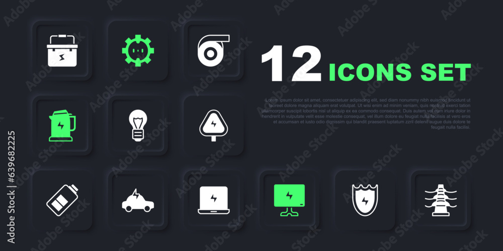 Set Lightning and shield, Electric tower line, Creative lamp light idea, Smart Tv, kettle, car, Electrical outlet and Laptop icon. Vector Set Lightning and shield, Electric tower line, Creative lamp light idea, Smart Tv, kettle, car, Electrical outlet and Laptop icon. Vector
