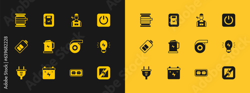 Set Power button, Car battery, Roll adhesive tape, Electrical outlet, kettle, Electrician, Wire electric cable reel and panel icon. Vector