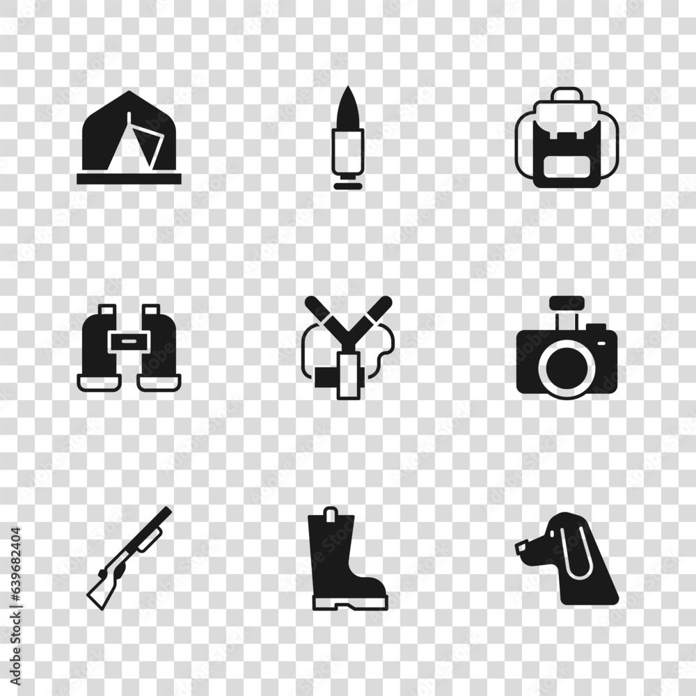 Set Waterproof rubber boot, Photo camera, Hunting dog, Slingshot, Hiking backpack, Tourist tent, Bullet and Binoculars icon. Vector Set Waterproof rubber boot, Photo camera, Hunting dog, Slingshot, Hiking backpack, Tourist tent, Bullet and Binoculars icon. Vector