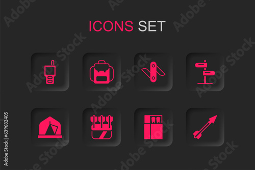 Set Quiver with arrows, Hiking backpack, Walkie talkie, Open matchbox and matches, Road traffic sign, Medieval, Swiss army knife and Tourist tent icon. Vector