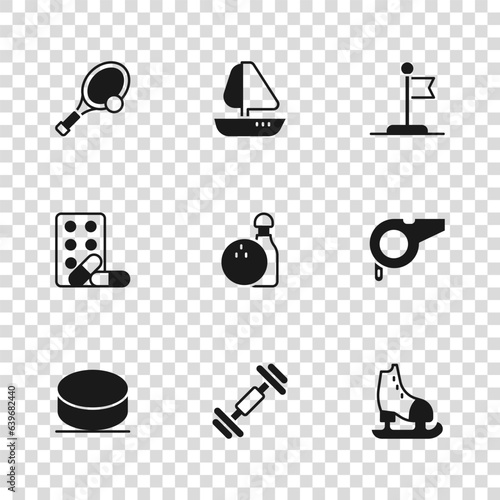 Set Dumbbell, Whistle, Skates, Bowling pin and ball, Flag, Tennis racket with, Yacht sailboat and Sports doping dumbbell icon. Vector