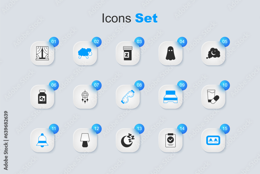 Set Medical prescription, Dream catcher with feathers, Sheep, Ringing bell, Earplugs storage box, Sleeping pill, Window curtains and Eye sleep mask icon. Vector Set Medical prescription, Dream catcher with feathers, Sheep, Ringing bell, Earplugs storage box, Sleeping pill, Window curtains and Eye sleep mask icon. Vector
