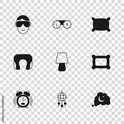 Set Dream catcher with feathers, Pillow, Dreams, Table lamp, Eye sleep mask, Contact lens container and Travel neck pillow icon. Vector