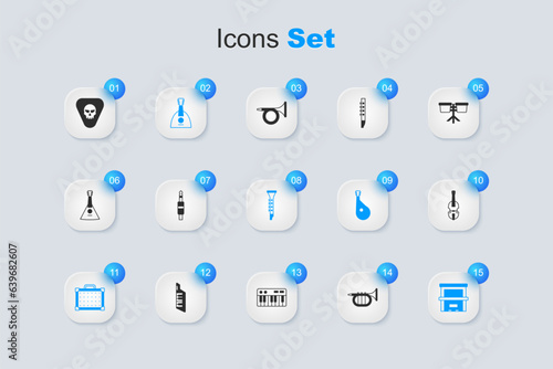 Set Trumpet, Audio jack, Balalaika, Guitar amplifier, Piano, Violin, pick and Clarinet icon. Vector