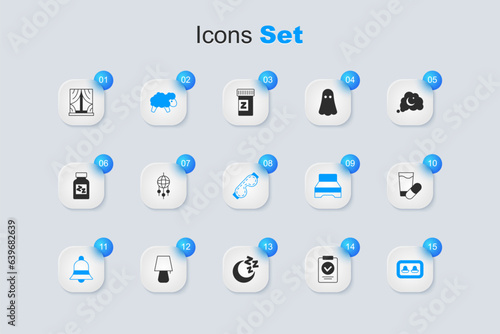 Set Medical prescription, Dream catcher with feathers, Sheep, Ringing bell, Earplugs storage box, Sleeping pill, Window curtains and Eye sleep mask icon. Vector