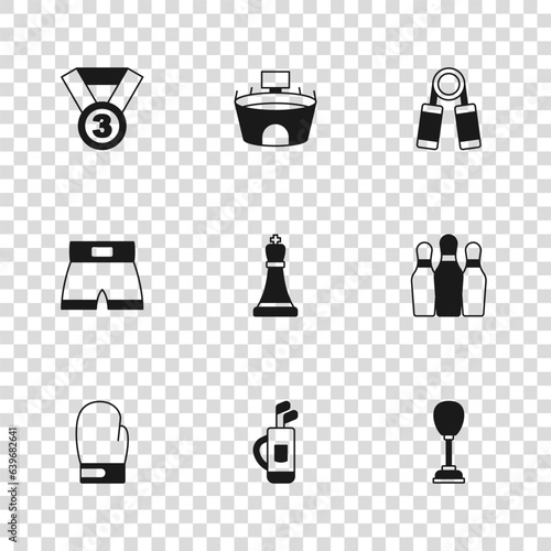 Set Golf bag with clubs, Bowling pin, Punching, Chess, Sport expander, Medal, Stadium and Boxing short icon. Vector