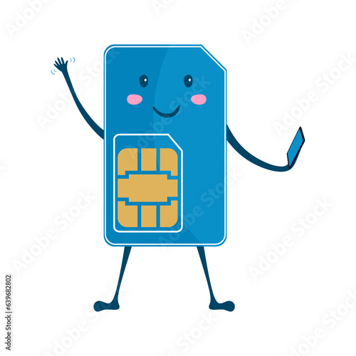 Happy SIM card character holding mobile phone. Flat illustration of cute sim card waving with hand. Handsome character during an online video call, talking over the Internet. Vector illustration