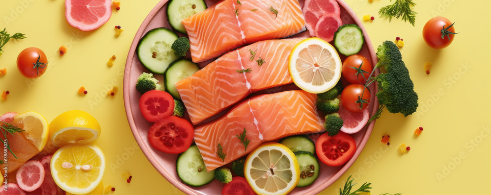 Top view of delicious salmon with sliced cucumber, vegetables and friuts. generative ai Top view of delicious salmon with sliced cucumber, vegetables and friuts. generative ai