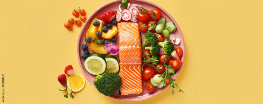 Top view of delicious salmon with sliced cucumber, vegetables and friuts. generative ai
