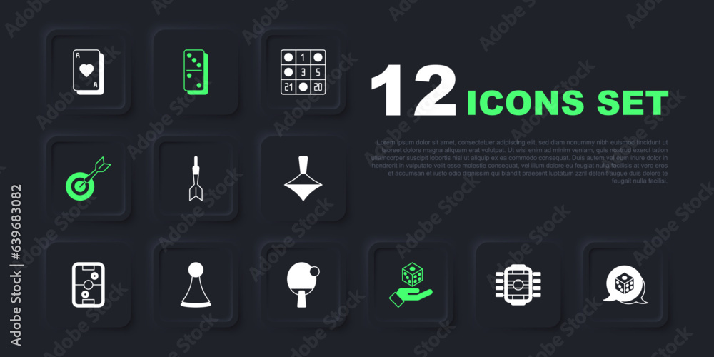 Set Table football, Game dice, Dart arrow, Classic dart board and, Chip for game, Domino and Racket icon. Vector Set Table football, Game dice, Dart arrow, Classic dart board and, Chip for game, Domino and Racket icon. Vector