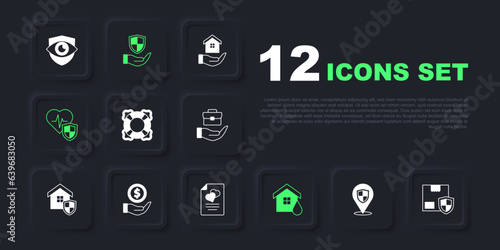 Set Location shield, Delivery security with, Lifebuoy, House flood, insurance, Money, Shield hand and Marriage contract icon. Vector