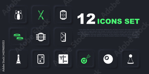 Set Billiard pool snooker ball, Chip for board game, Table football, Classic dart and arrow, Checker chips, Air hockey table, Crossed billiard cues and Crossword icon. Vector